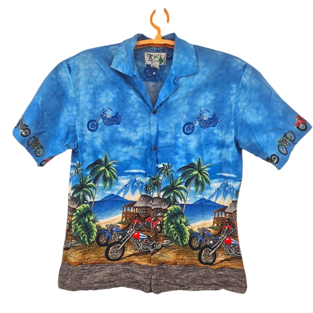 Vintage KY'S Hawaiian Shirt Men's‎ Large Blue Aloha Button Motorcycles Beach USA